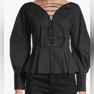STAUD black Monroe peplum top in cotton poplin with a lace-up front size 8